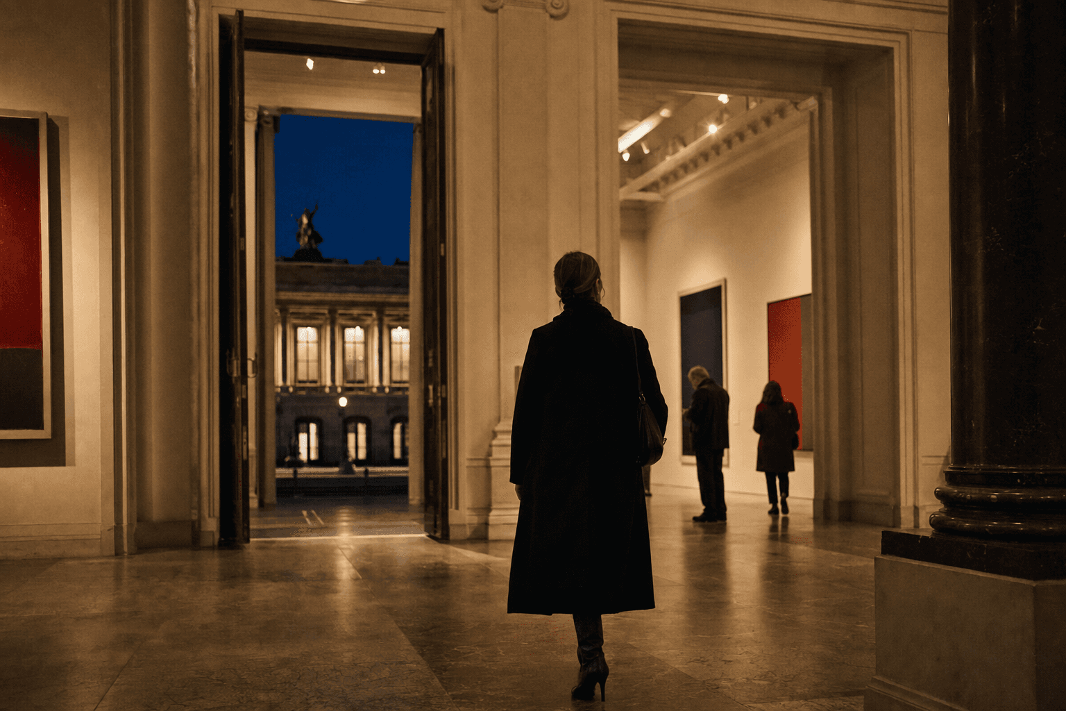 Eine Besucherin betritt am Abend einen warm beleuchteten Museumsraum.